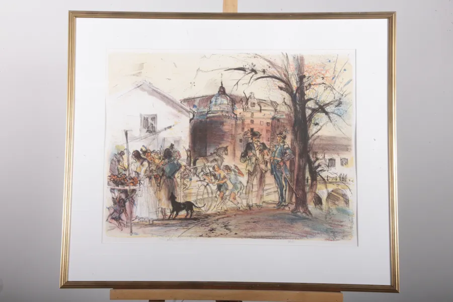 Bo Åke Adamsson- Färglitografi "Torg", Signerad, Märkt: E.A