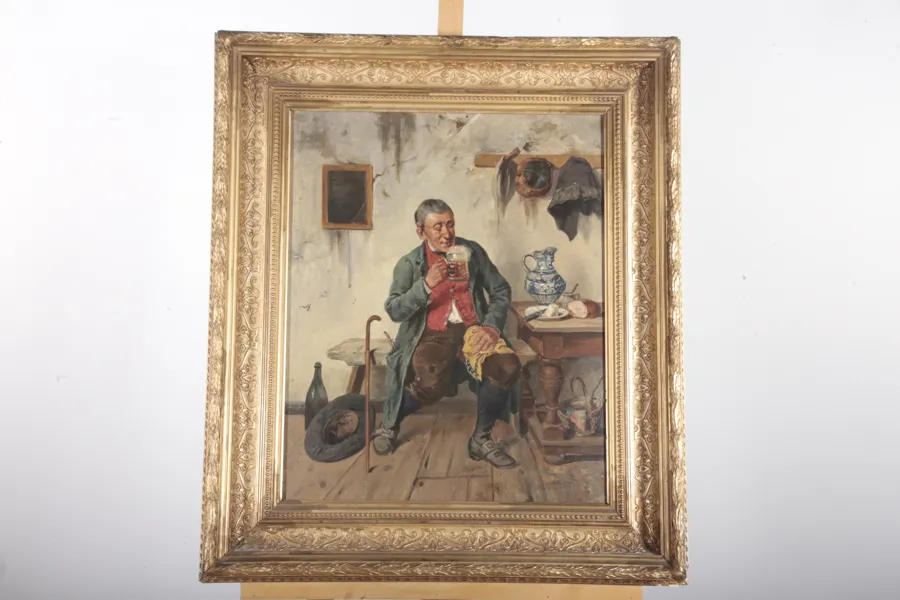 Olja på duk- "Öldrickande öl", 1800-tal, Osignerad 
