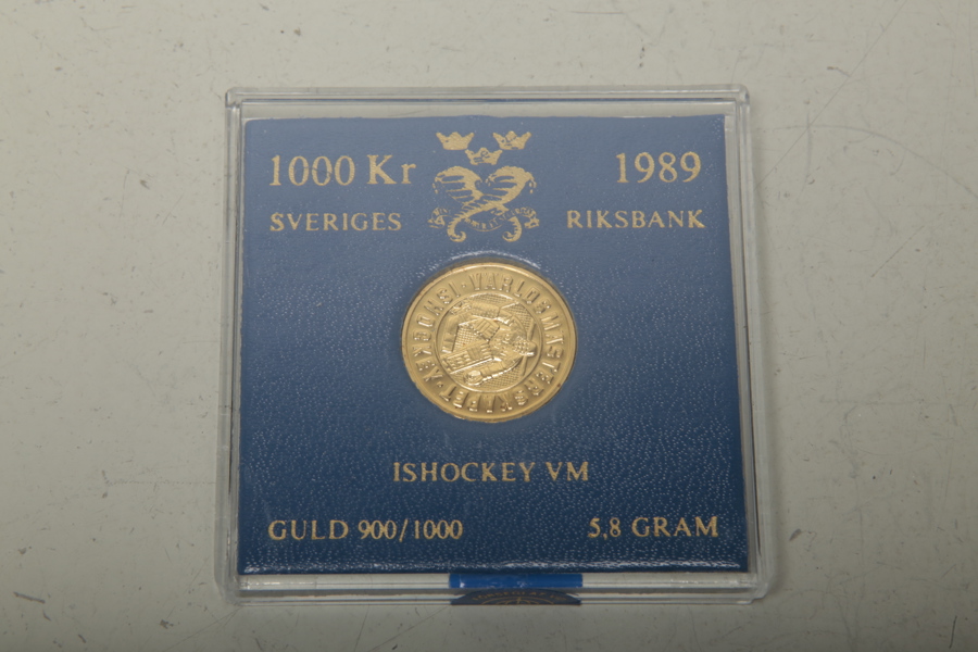 Samlarmynt "Ishockey VM 1989" 1000 kronor, guld 900/1000